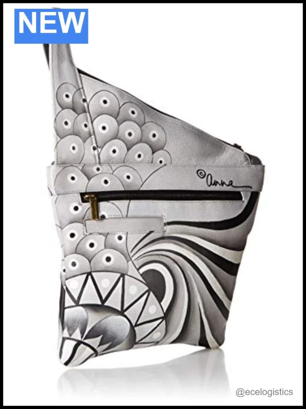 Hand-Painted Leather Crossbody Bag with Zippered Pockets